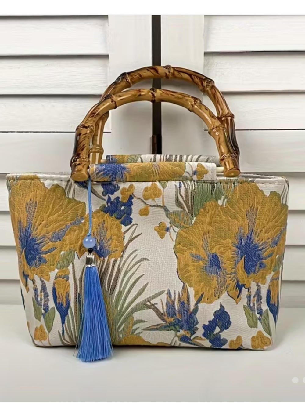 Affordable Fashion Finds Floral Tote with Bamboo Handles in Yellow & Blue mini